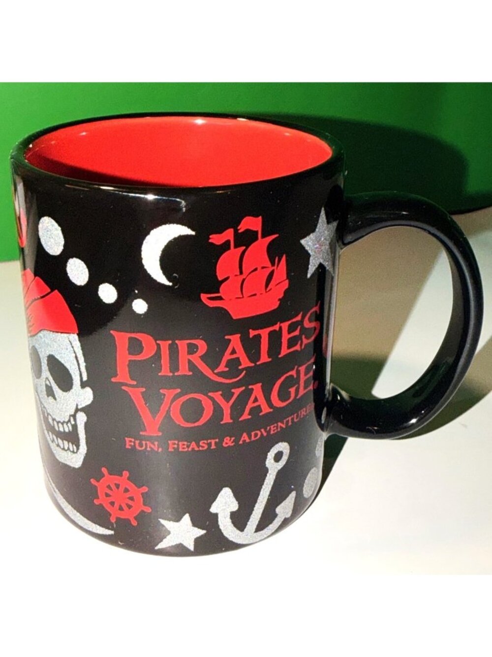 Pirates Voyage Dinner Show Mug Cup Skull Crossbones Glitter Black Red Ceramic